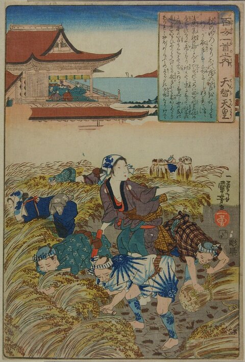 Japanese Ukiyo-e Rice Harvest Scene