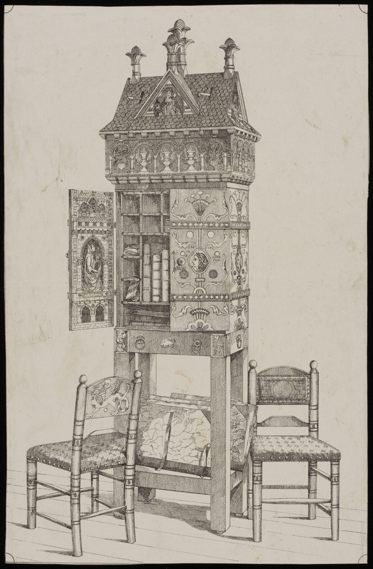 Gothic Decorative Cabinet and Chairs Drawing