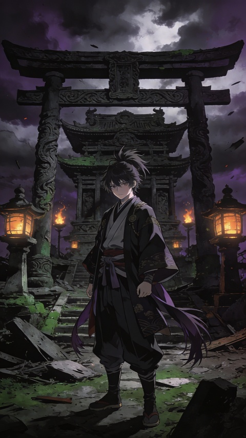 Anime Samurai at Ruined Japanese Shrine