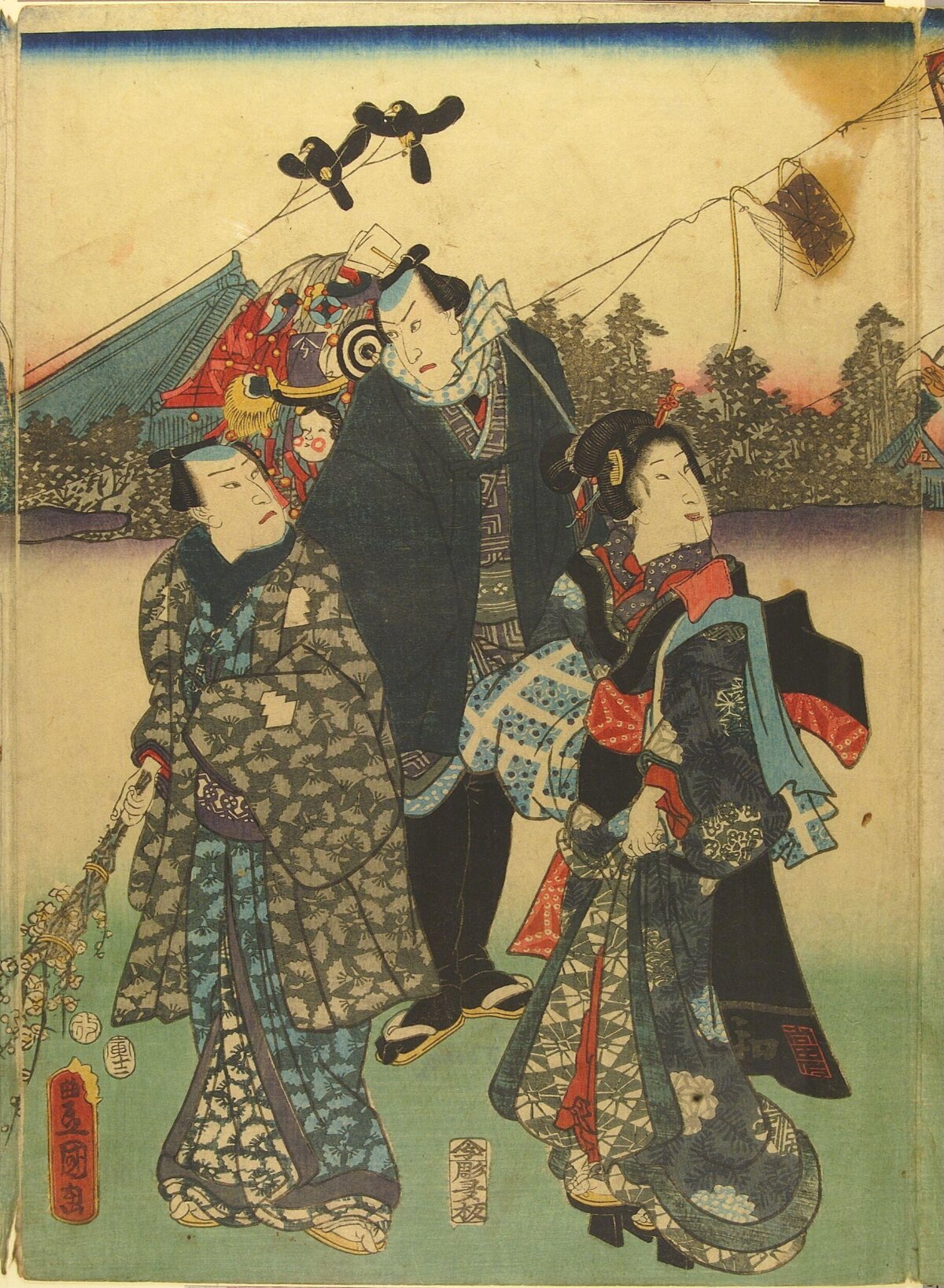 Japanese Ukiyo-e Three Walking Figures