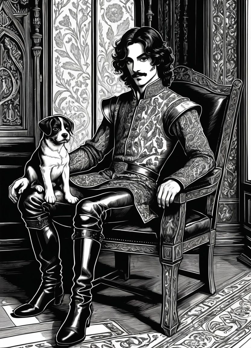 Nobleman With His Puppy in Ornate Armchair