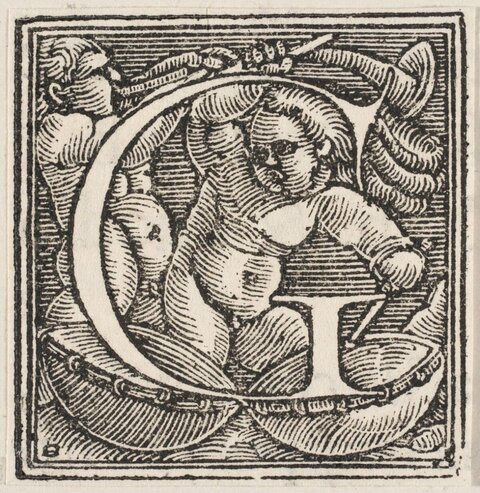 Woodcut Decorated Initial E with Cherub