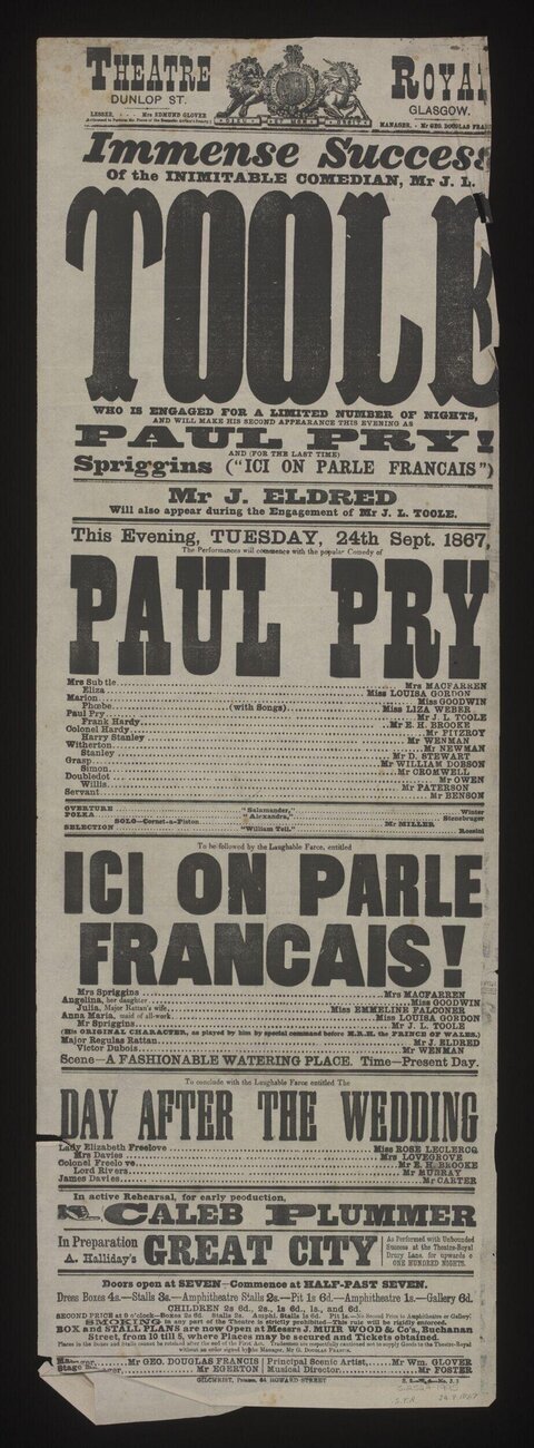 1867 Glasgow Royal Theatre Playbill