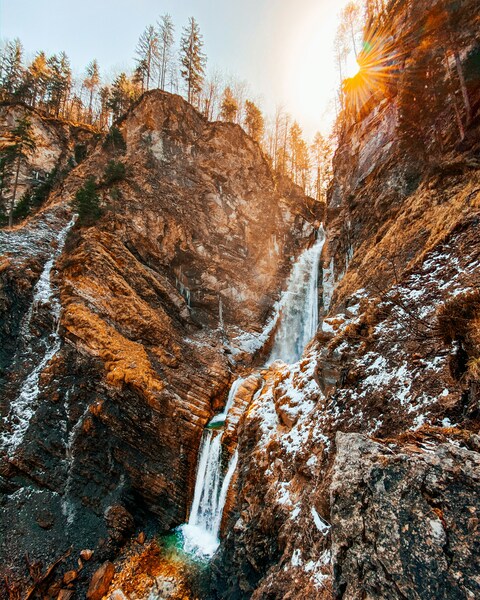 Snow-dusted Canyon Double Waterfall