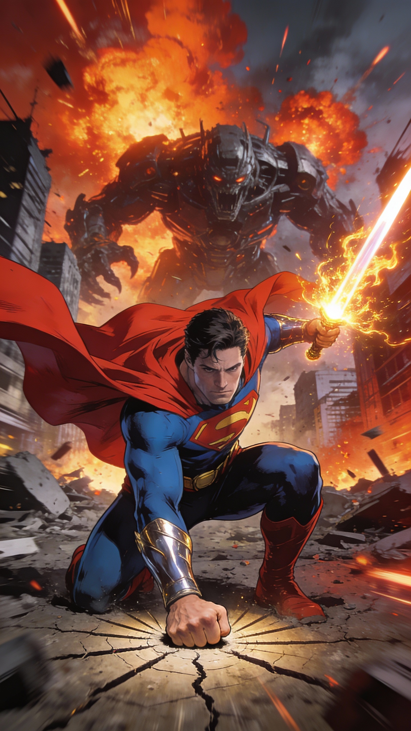 Superman Battles Giant Robot in Ruined City