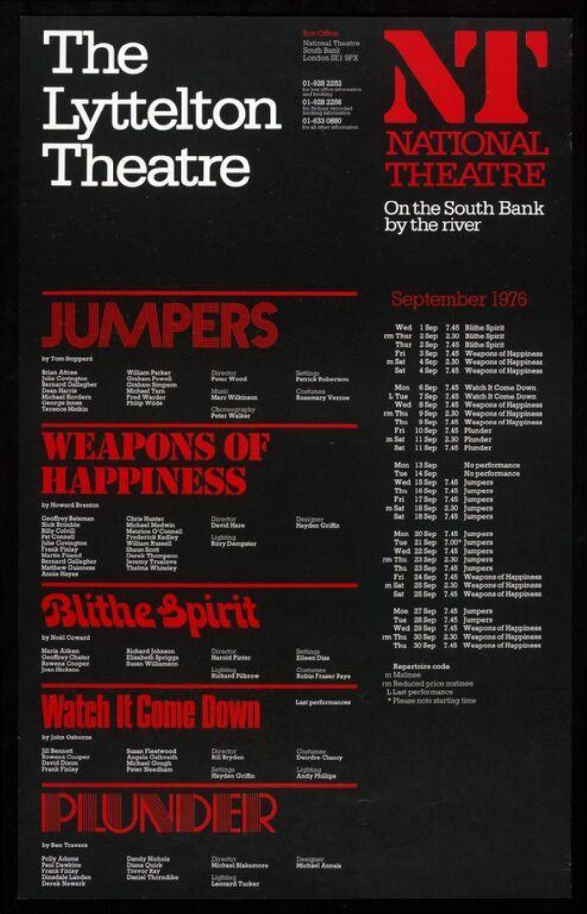 Lyttelton Theatre September 1976 Schedule