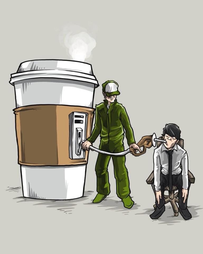 Giant Coffee Refueling Tired Office Worker