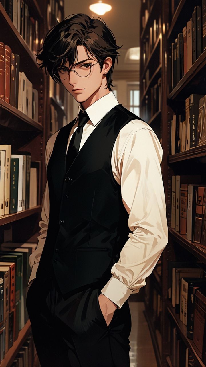 Anime Young Man in Library Aisle