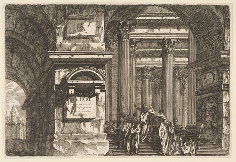Etching of Funeral Procession in Classical Building