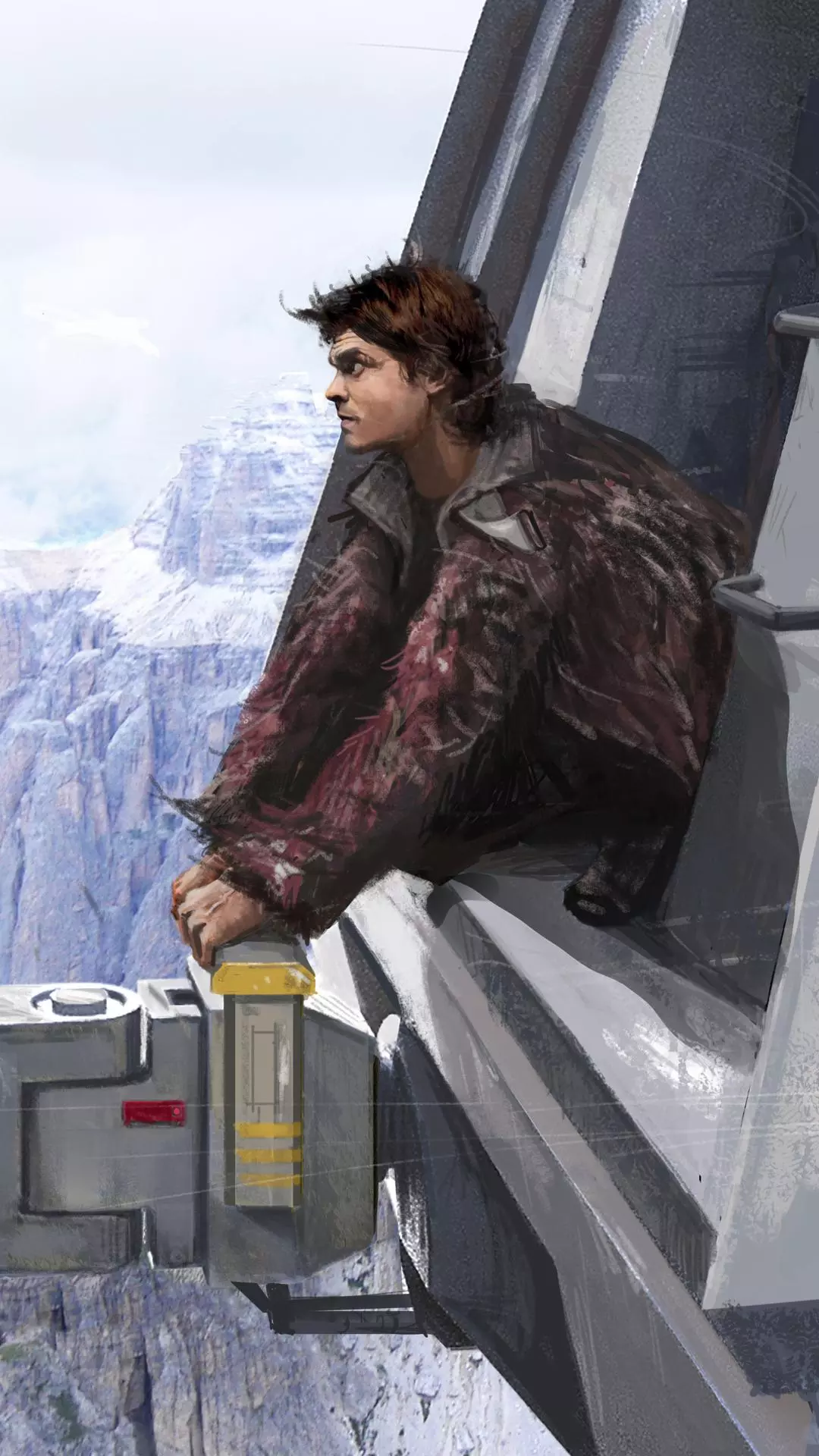 Man Crouching on Vessel Above Snowy Mountains