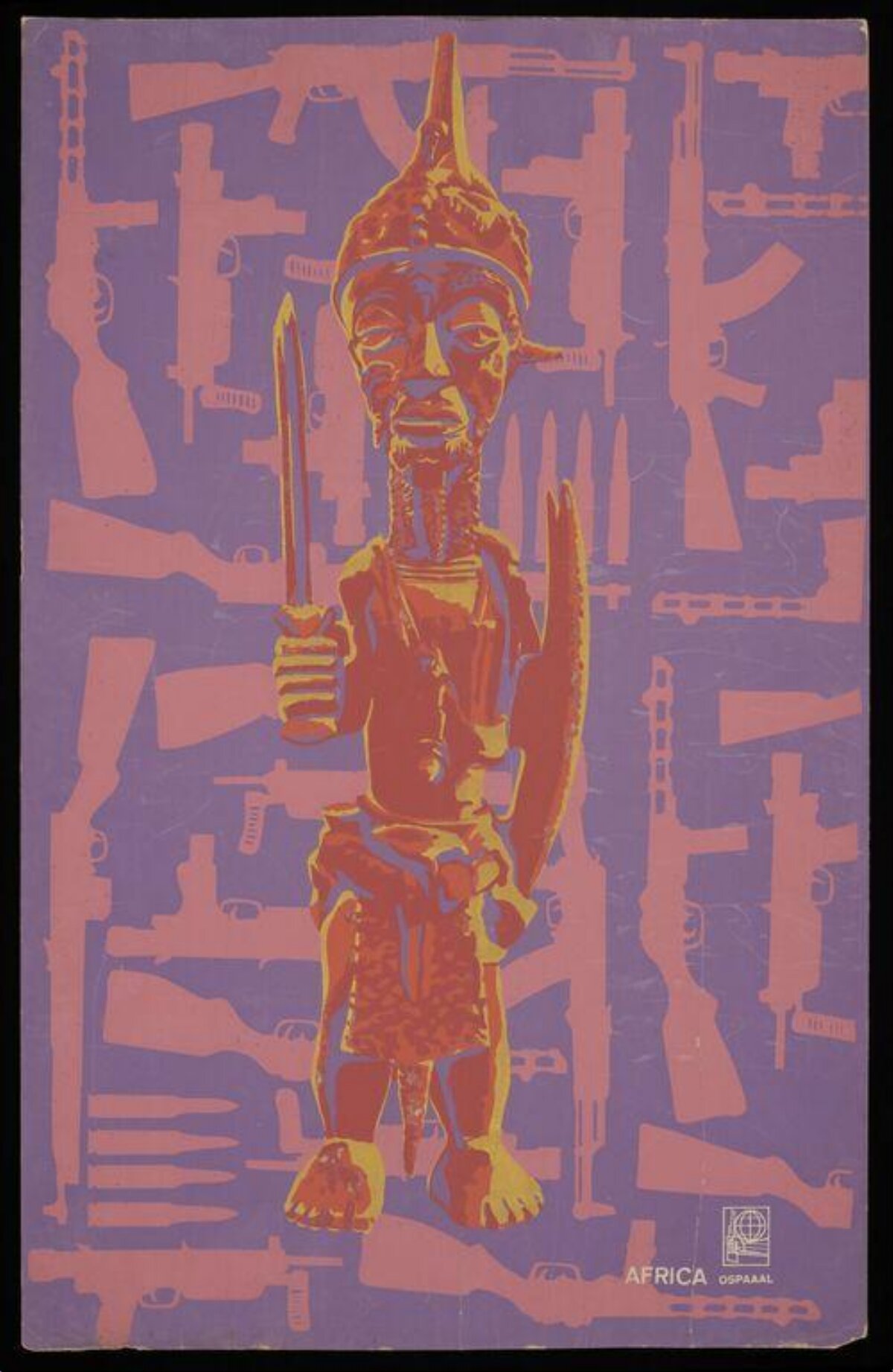 African Warrior Sculpture Against Gun Silhouettes