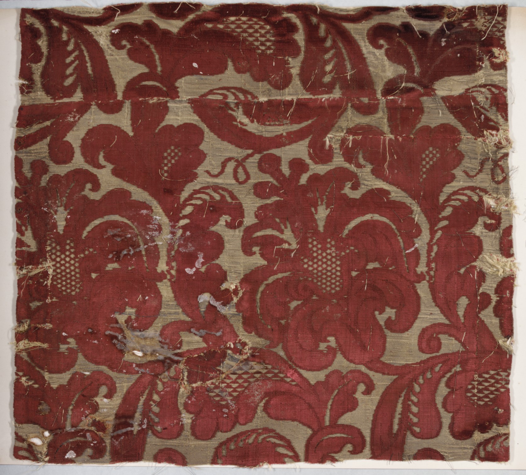 Antique Red Damask Textile Fragment