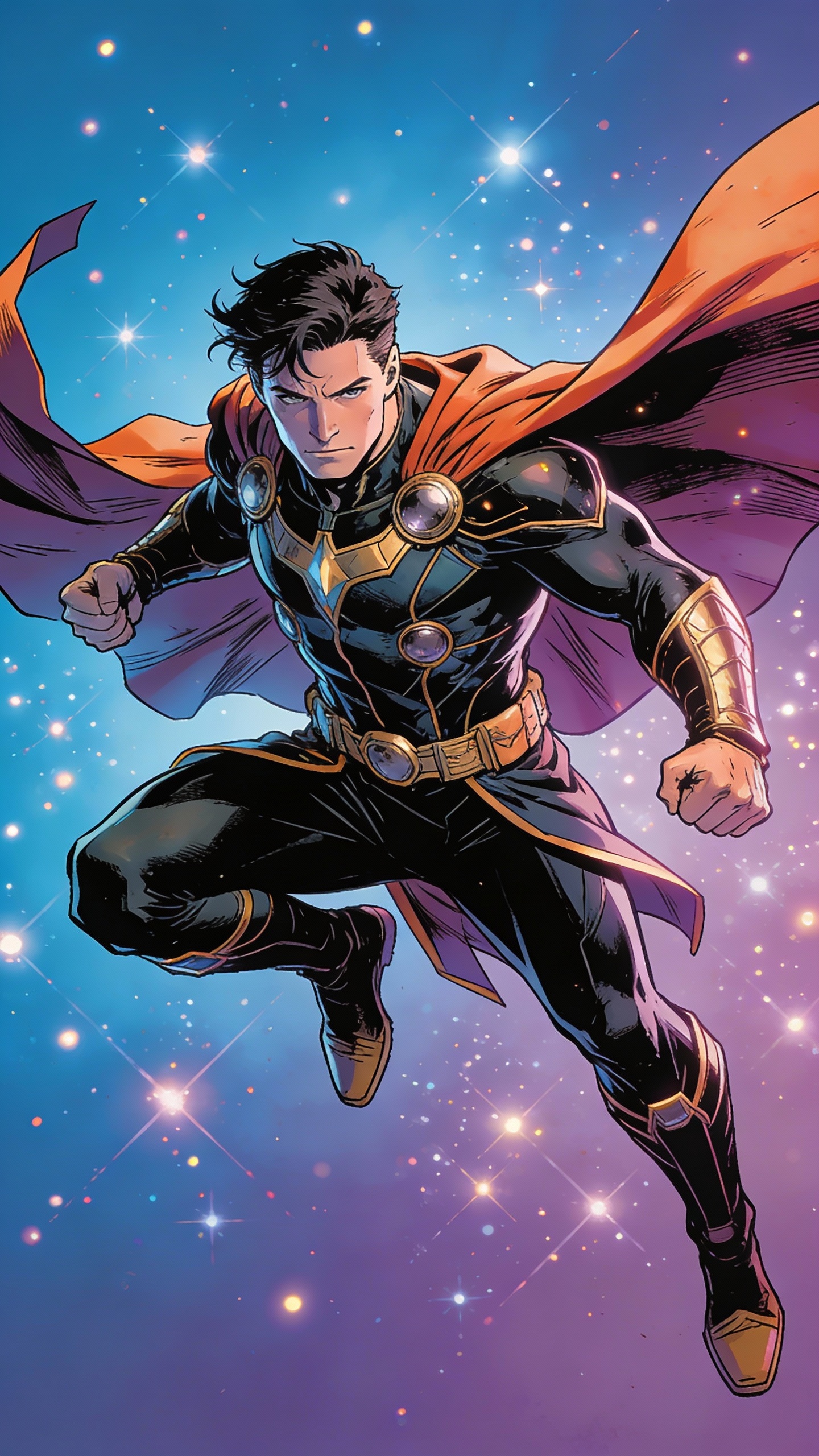 Flying Superhero in Starry Sky