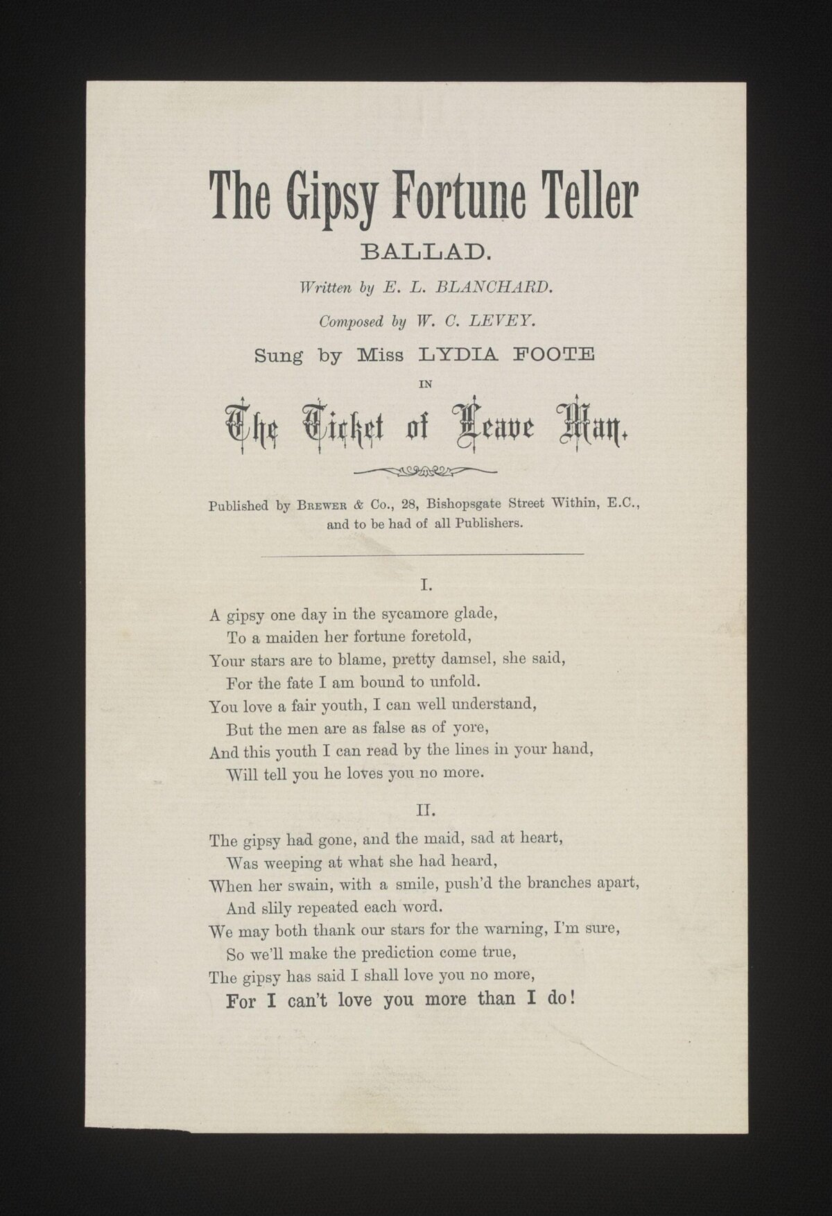 Vintage Gipsy Fortune Teller Ballad Sheet