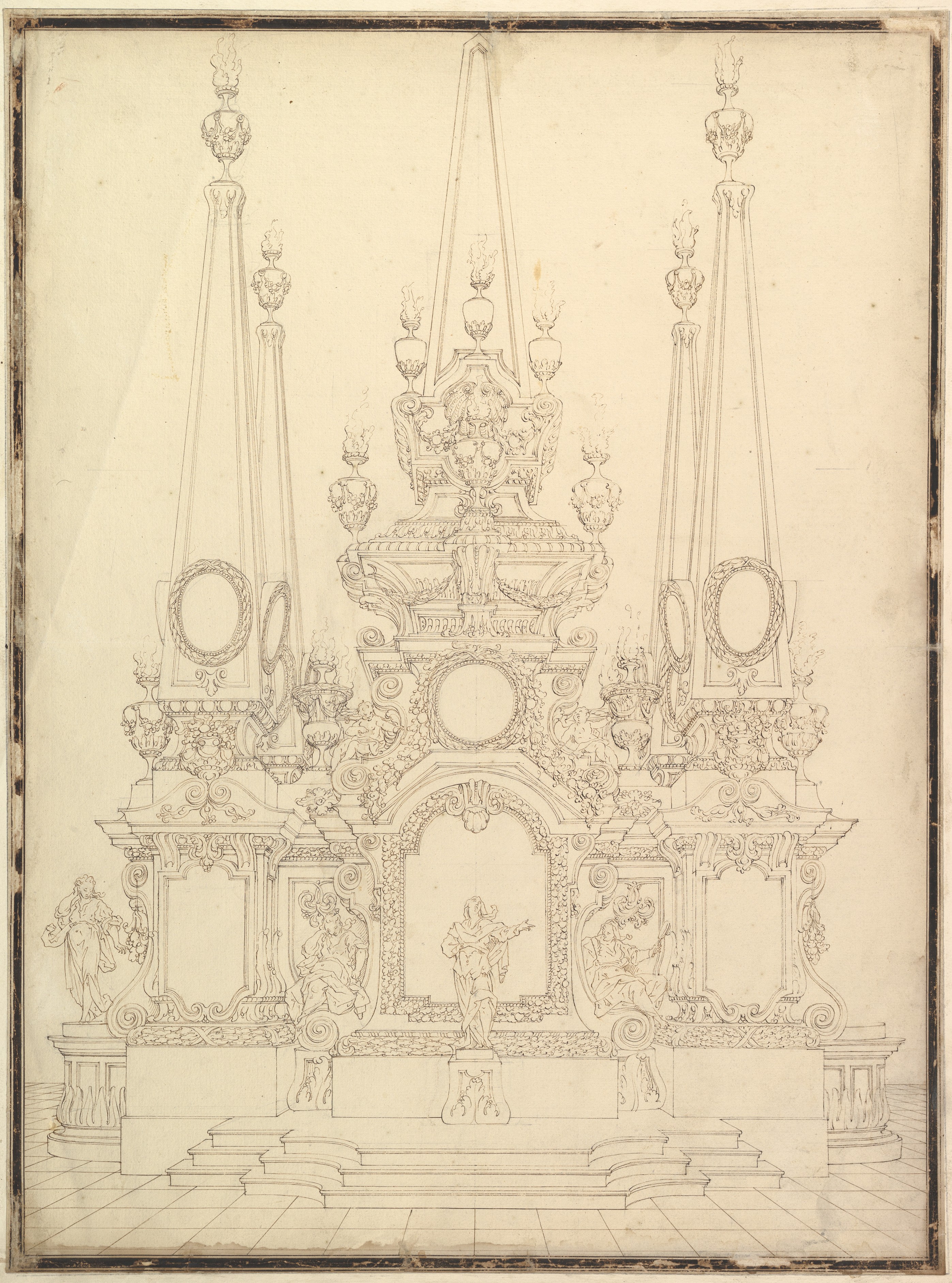 Ornate Ceremonial Structure Line Drawing