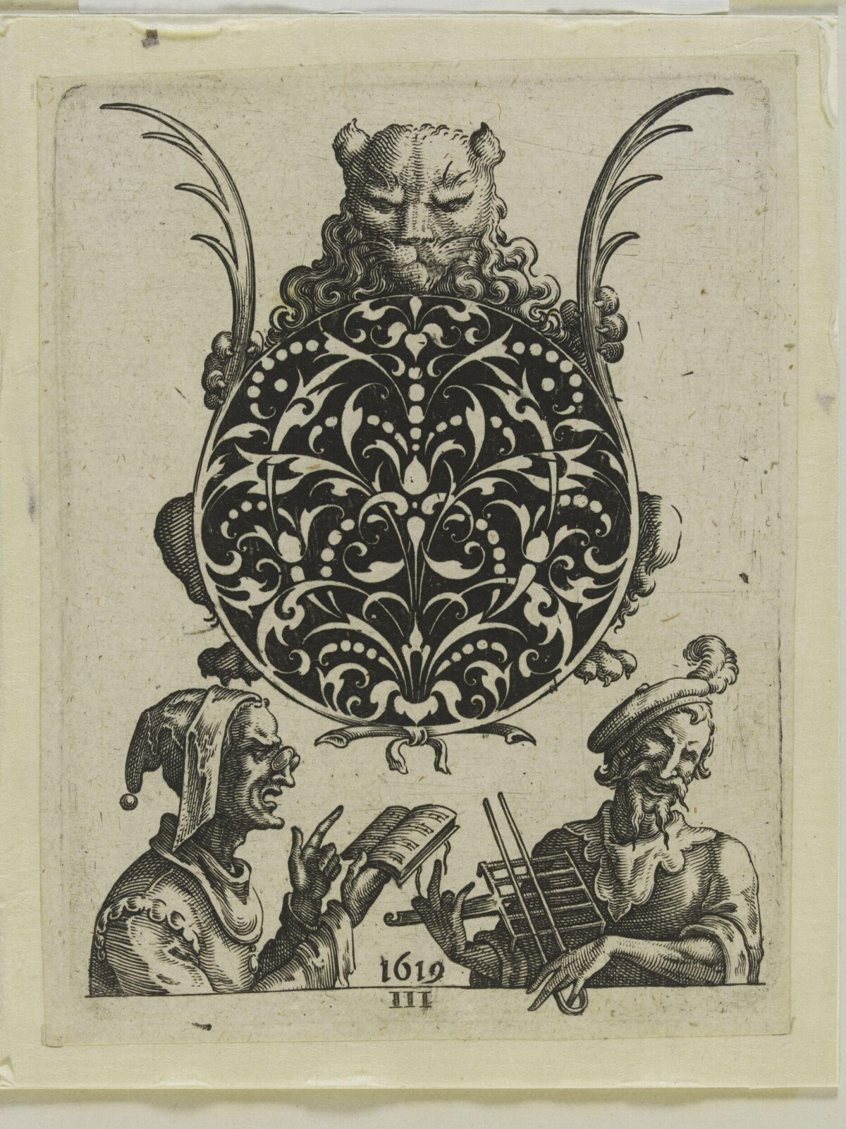 1619 Ornamental Engraving with Two Figures
