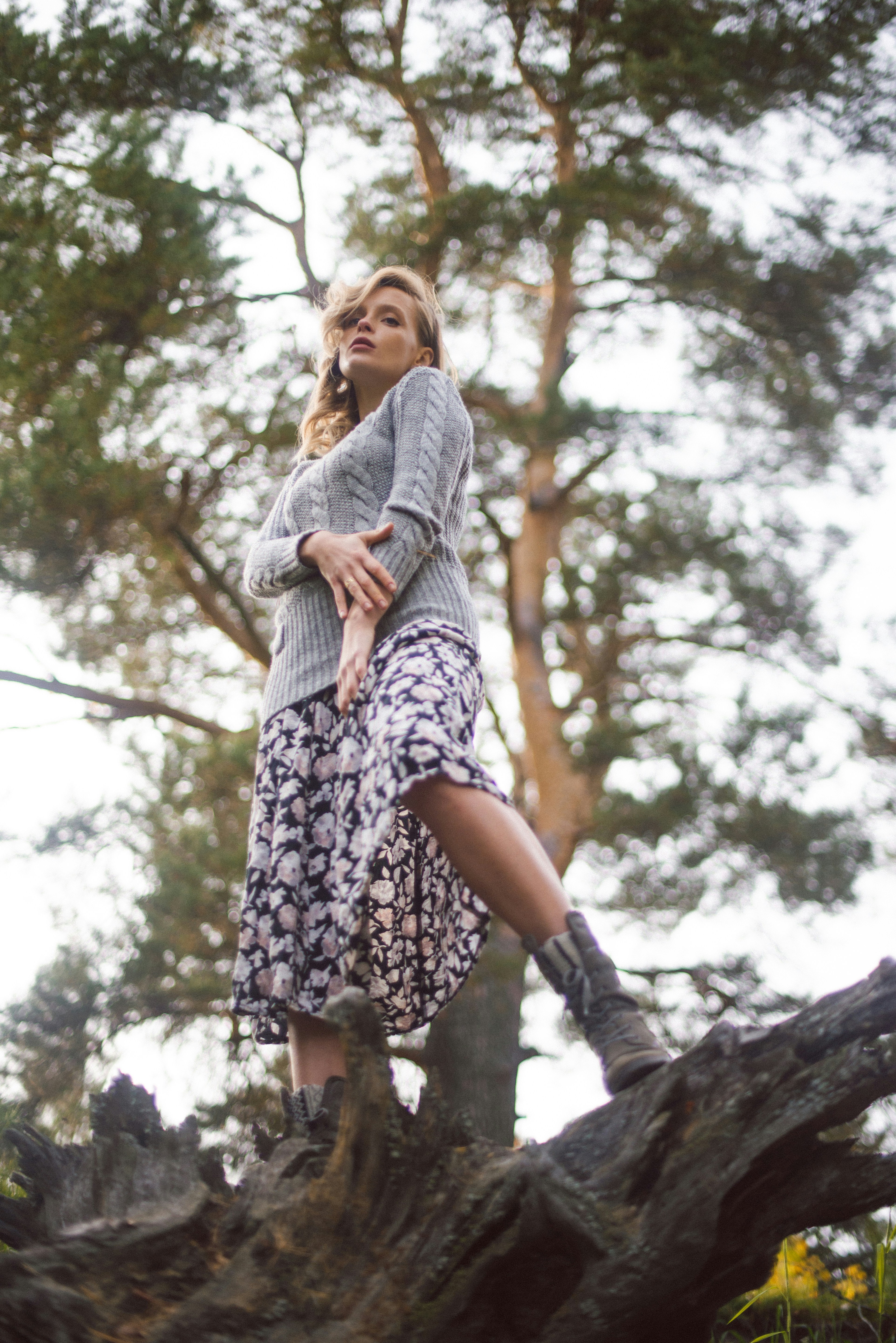 Woman posing on fallen tree in forest