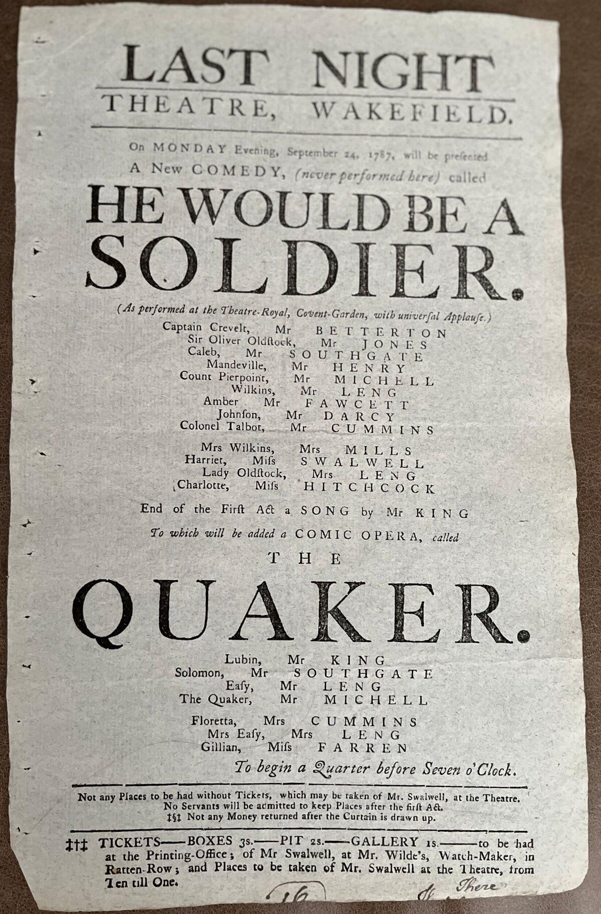 1787 Wakefield Theatre Playbill