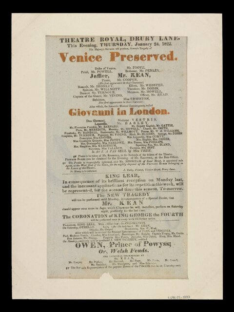 1822 Drury Lane Theatre Playbill
