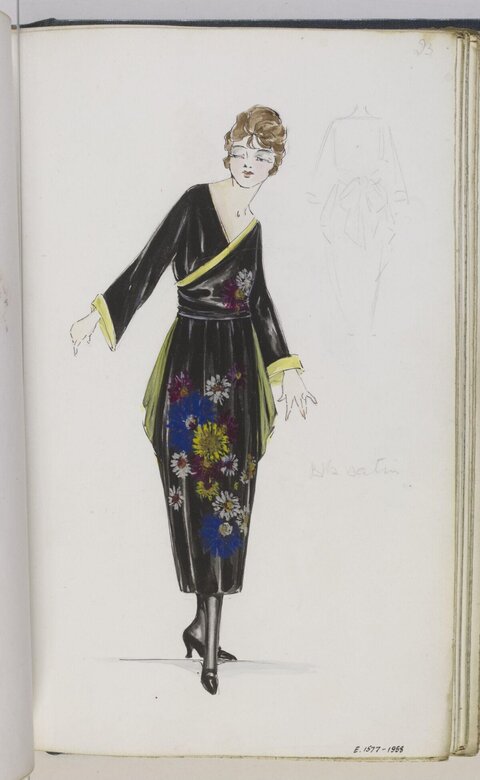 Vintage Black Floral Dress Fashion Sketch