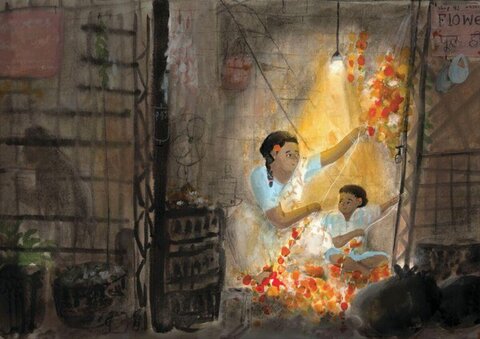 Mother and Child Making Flower Garlands