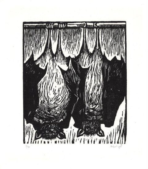Two Hanging Bats Woodcut
