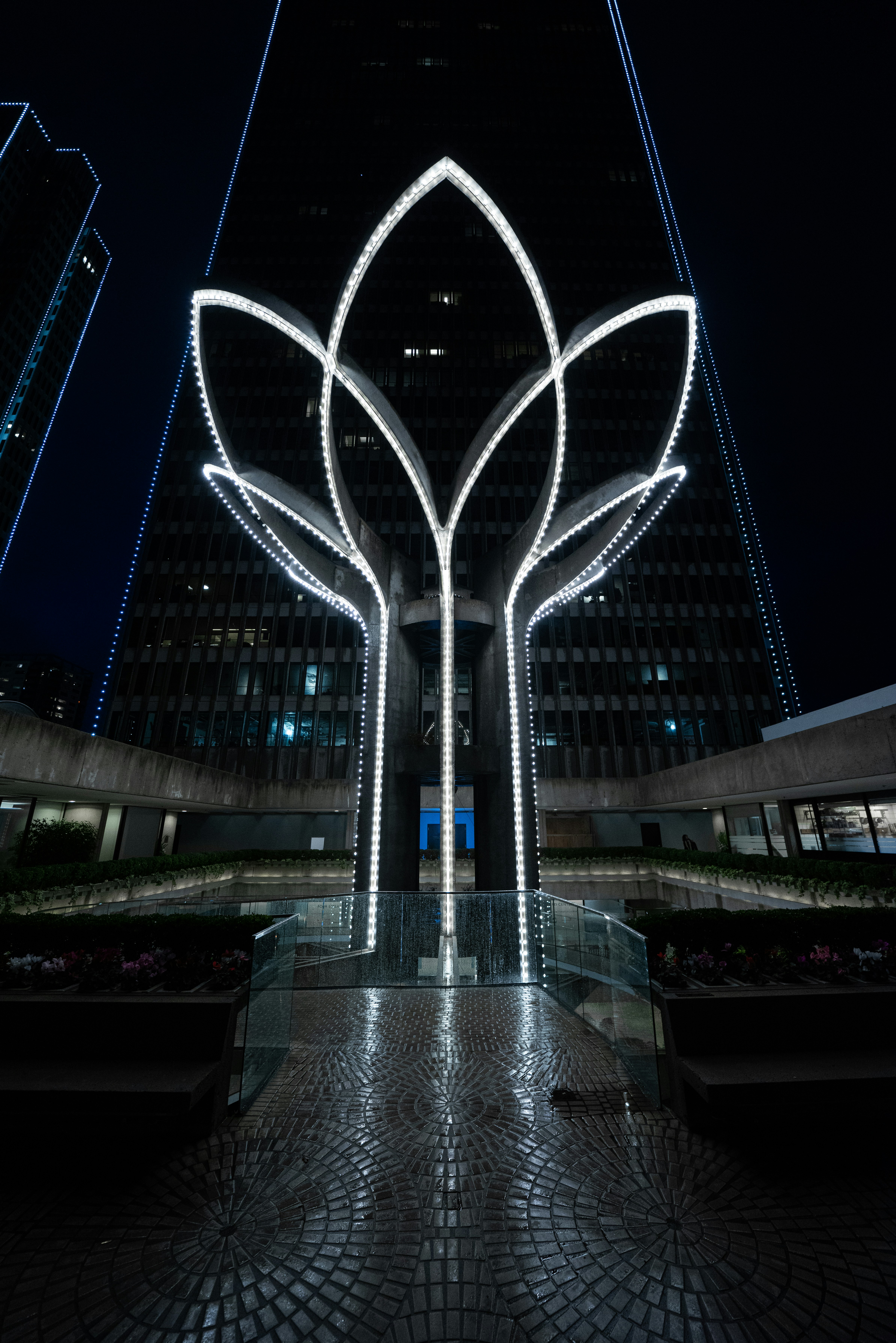 Luminous Floral Sculpture at Night