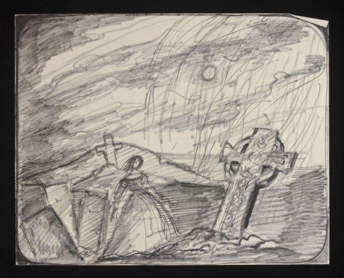 Woman in Graveyard Pencil Sketch