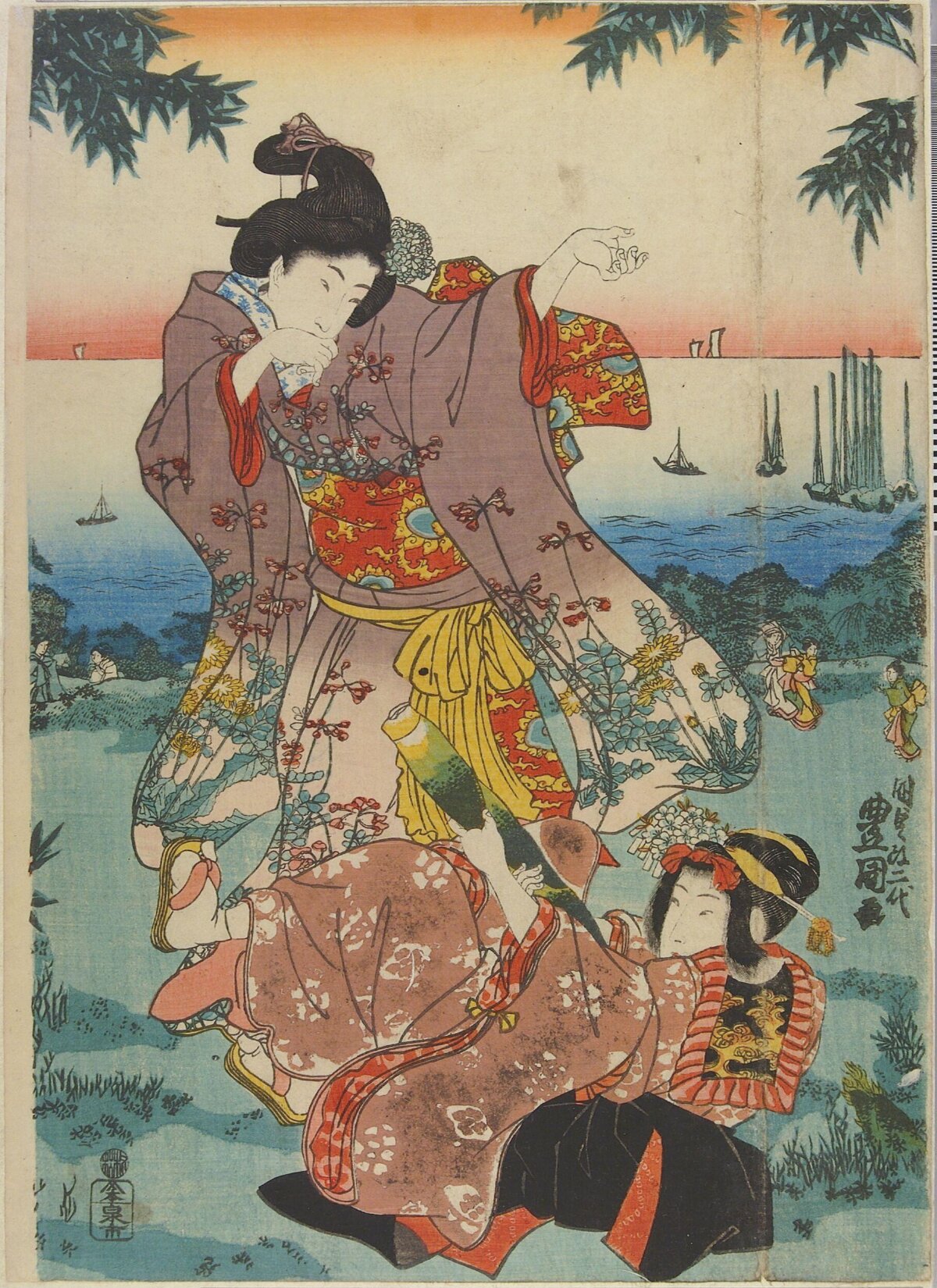 Japanese Ukiyo-e Seaside Women Scene