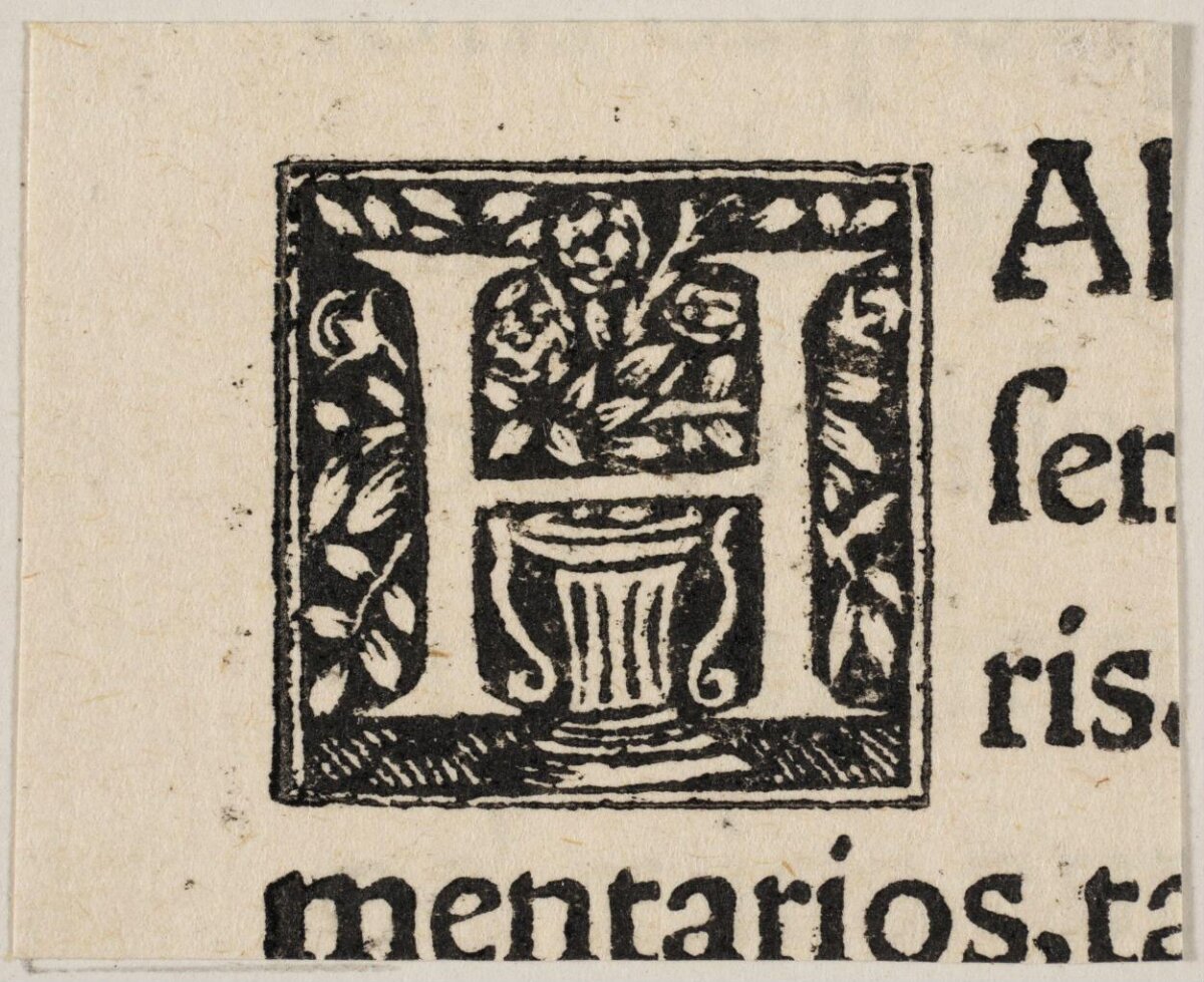 Decorated Woodcut Initial H on Old Page