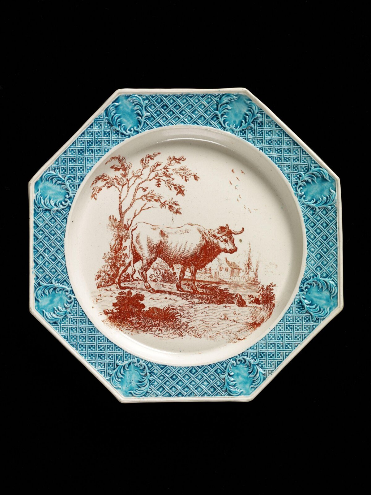 Octagonal Ceramic Plate with Bull Print