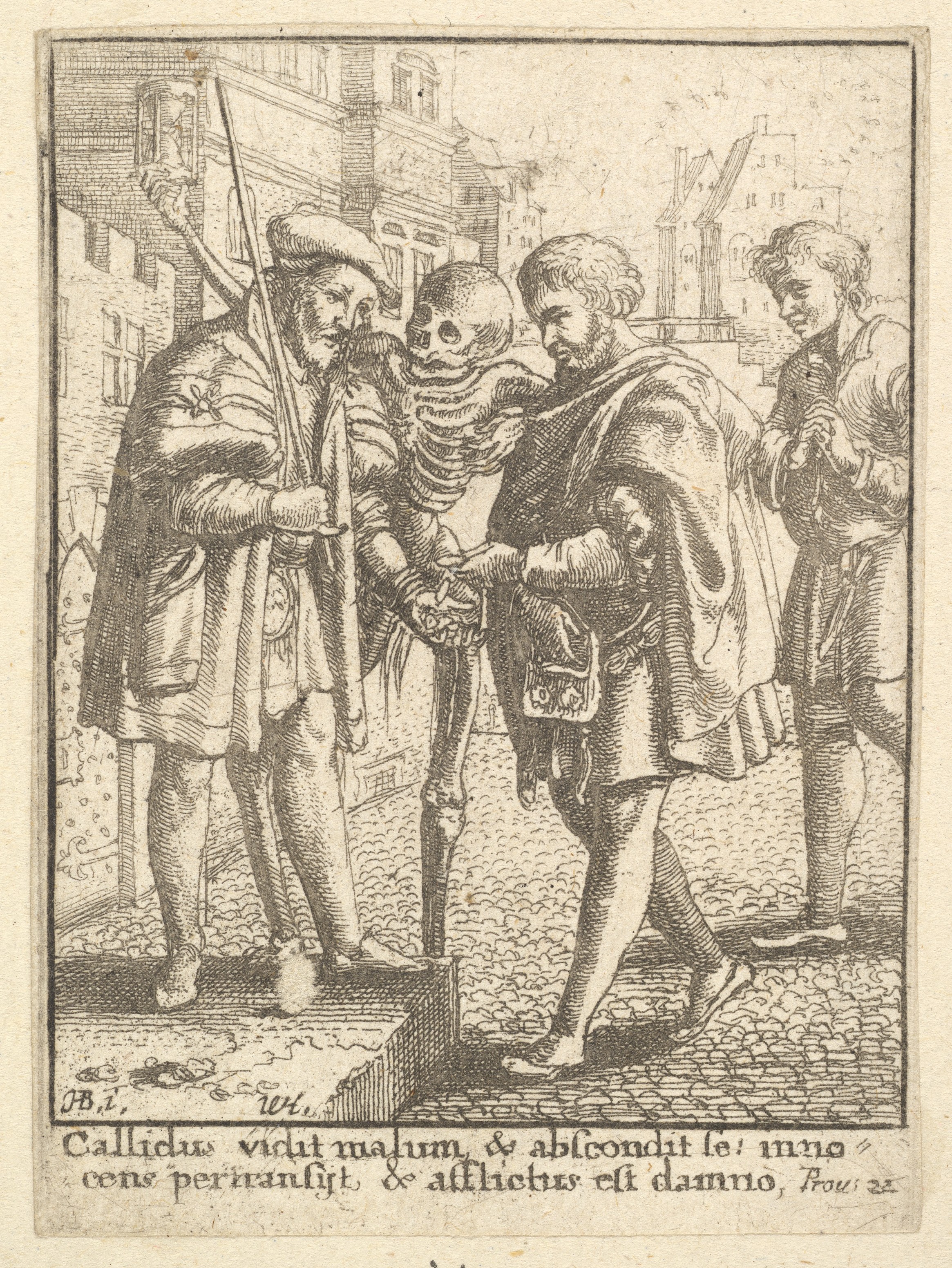 Antique Etching of Skeleton and Three Men