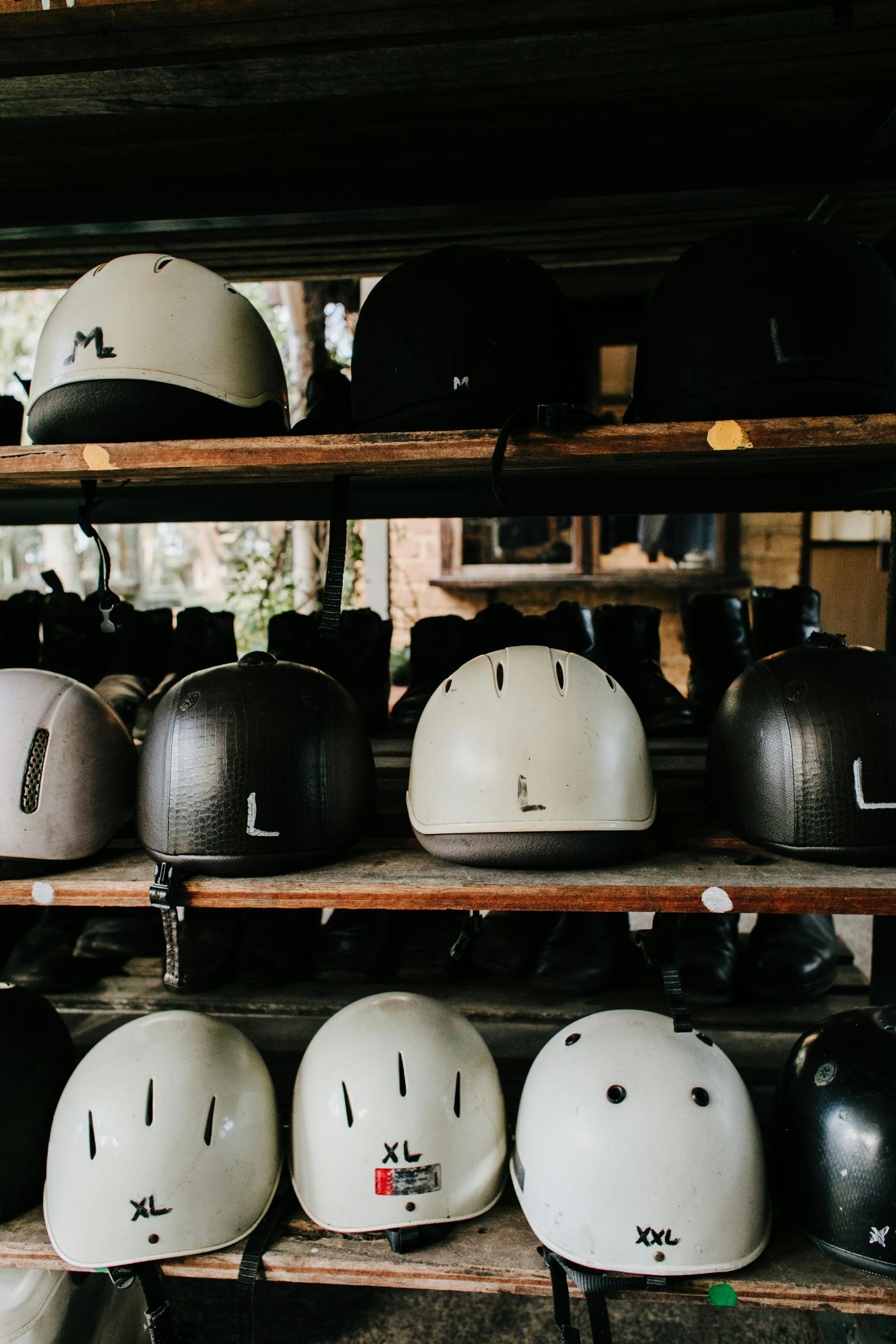 Equestrian Riding Helmets Stored on Shelves