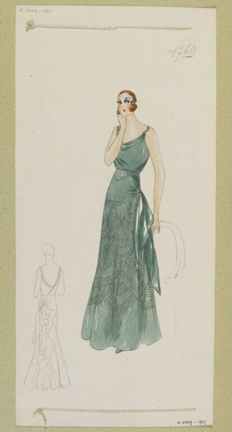 Vintage Green Evening Gown Fashion Sketch