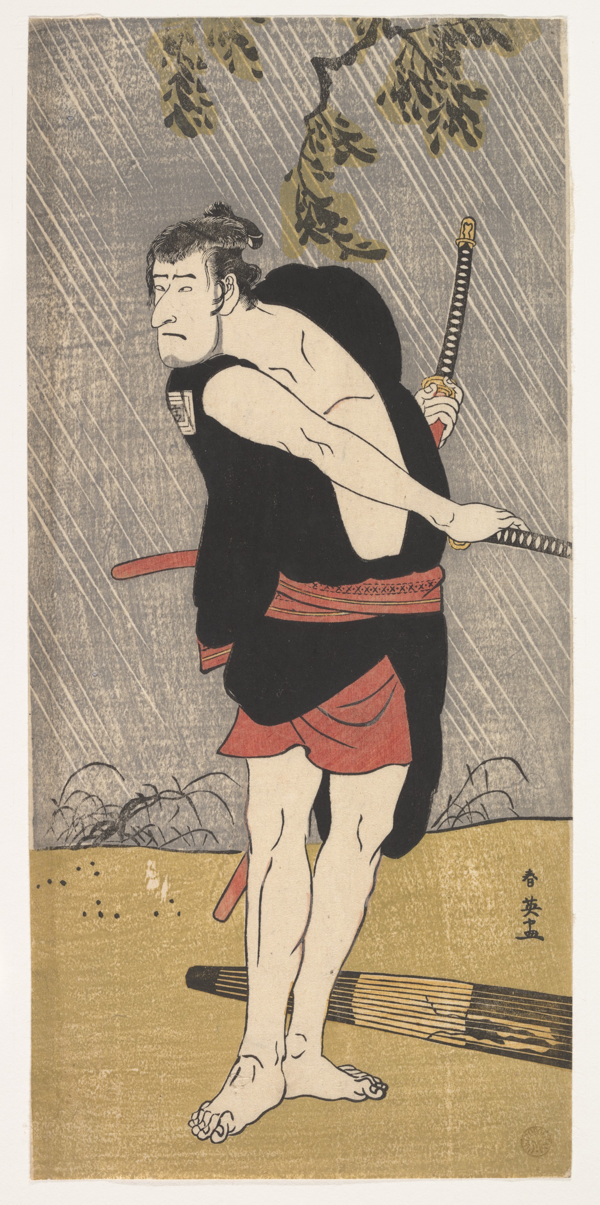 Ukiyo-e Print of Samurai in Rain