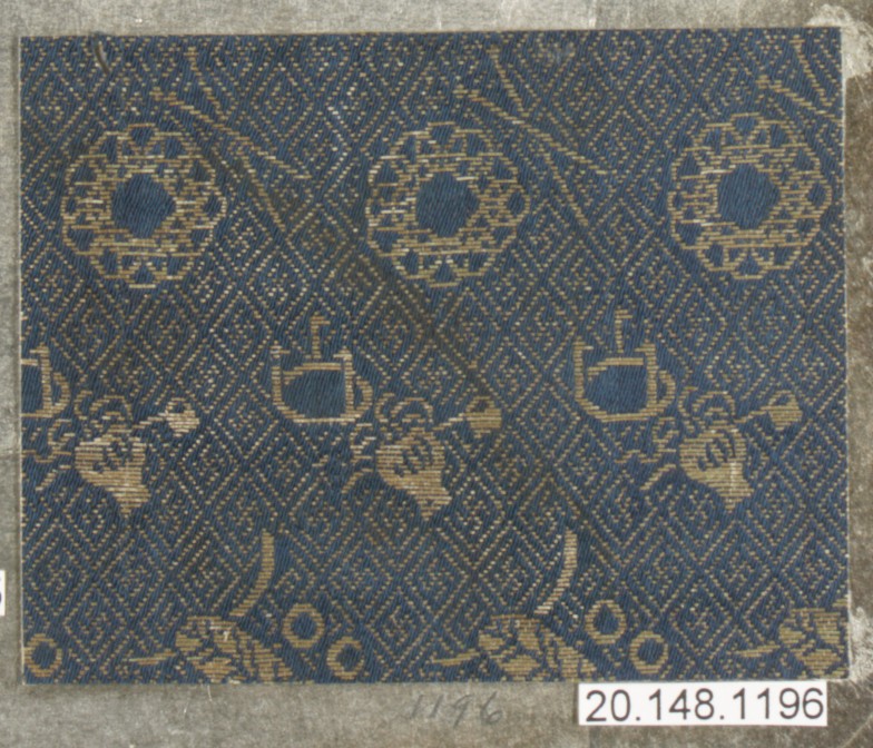 Antique Blue Gold Woven Textile Fragment