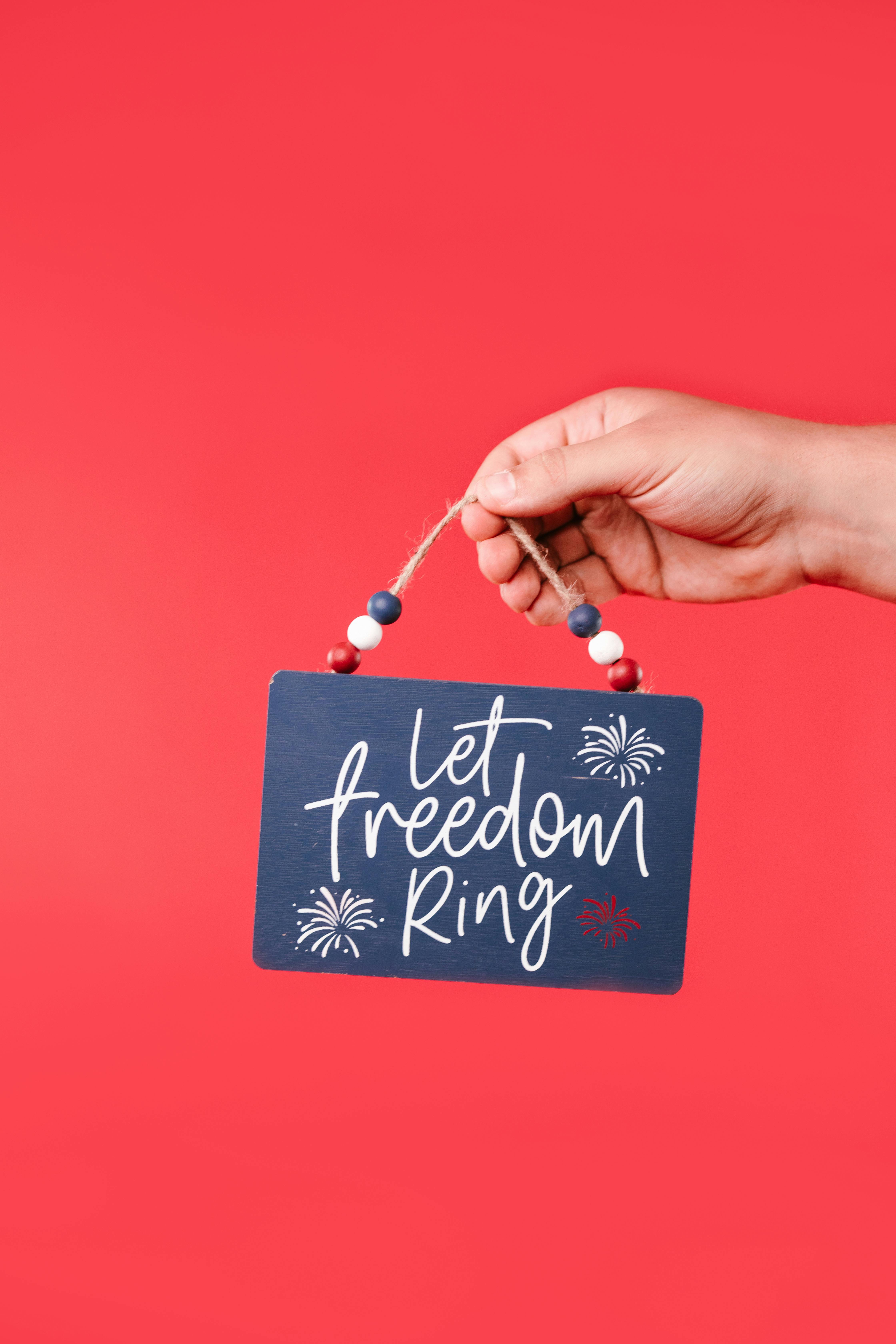 Hand Holding Let Freedom Ring Sign