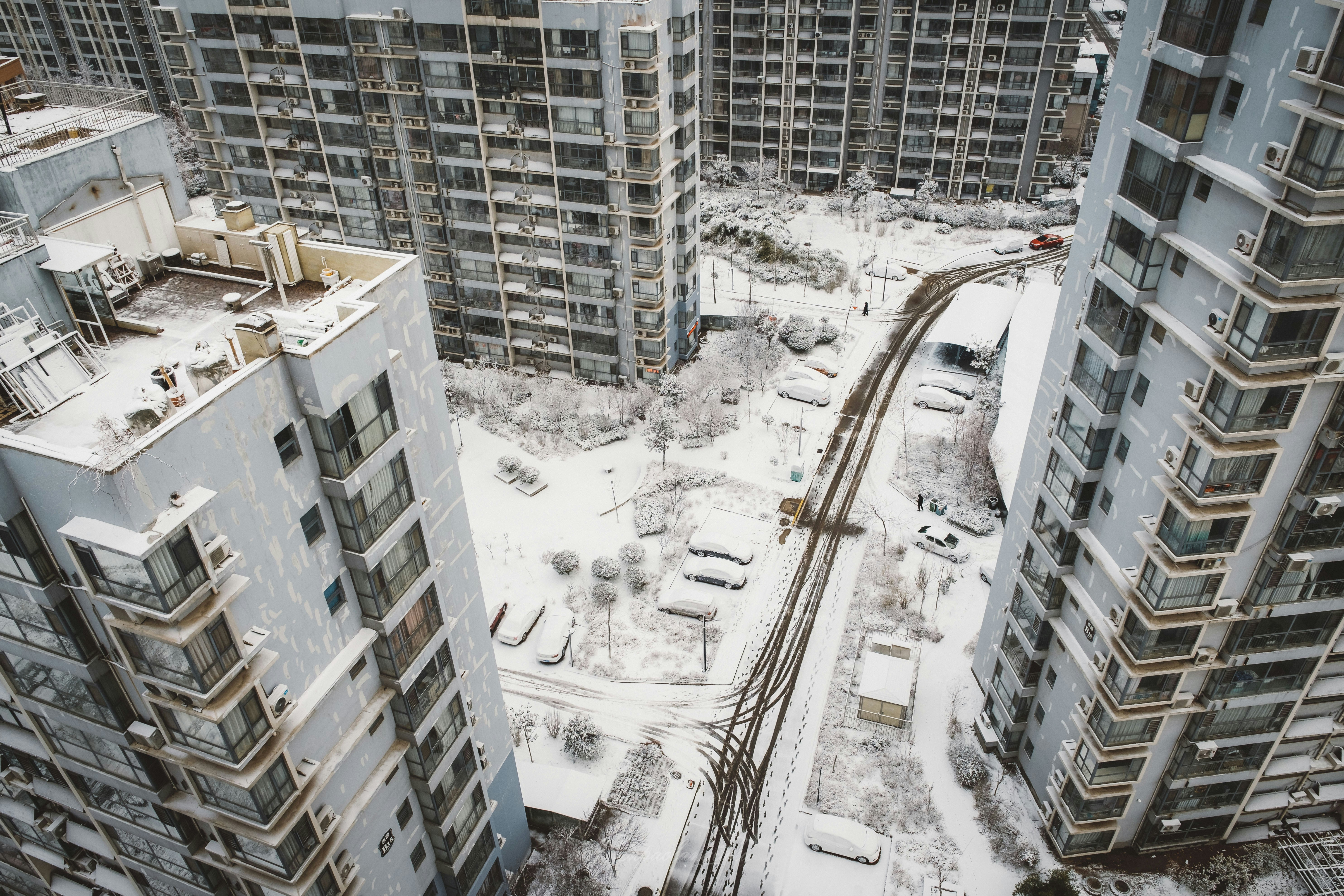 High Angle View of Snowy Residential Area