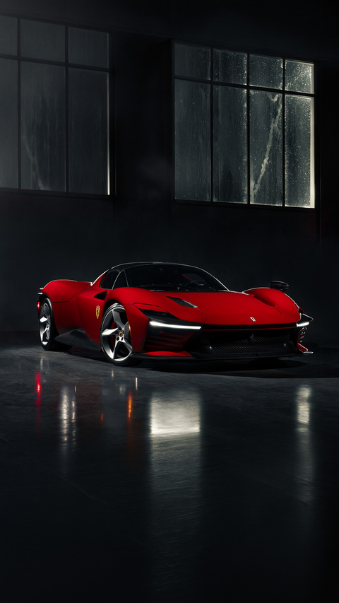 Red Ferrari Supercar in Dark Garage