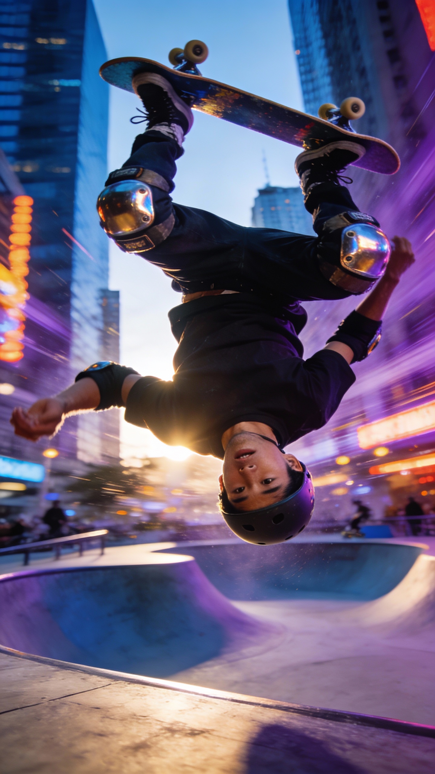 Skateboarder Doing Aerial Trick at City Skatepark
