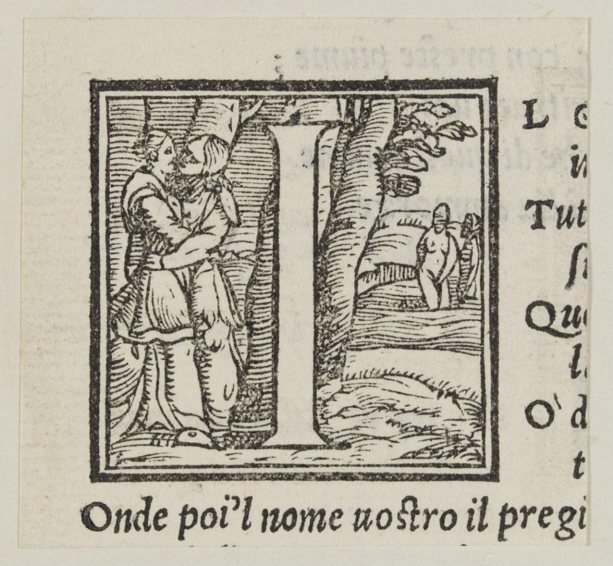 Woodcut Initial with Kissing Couple