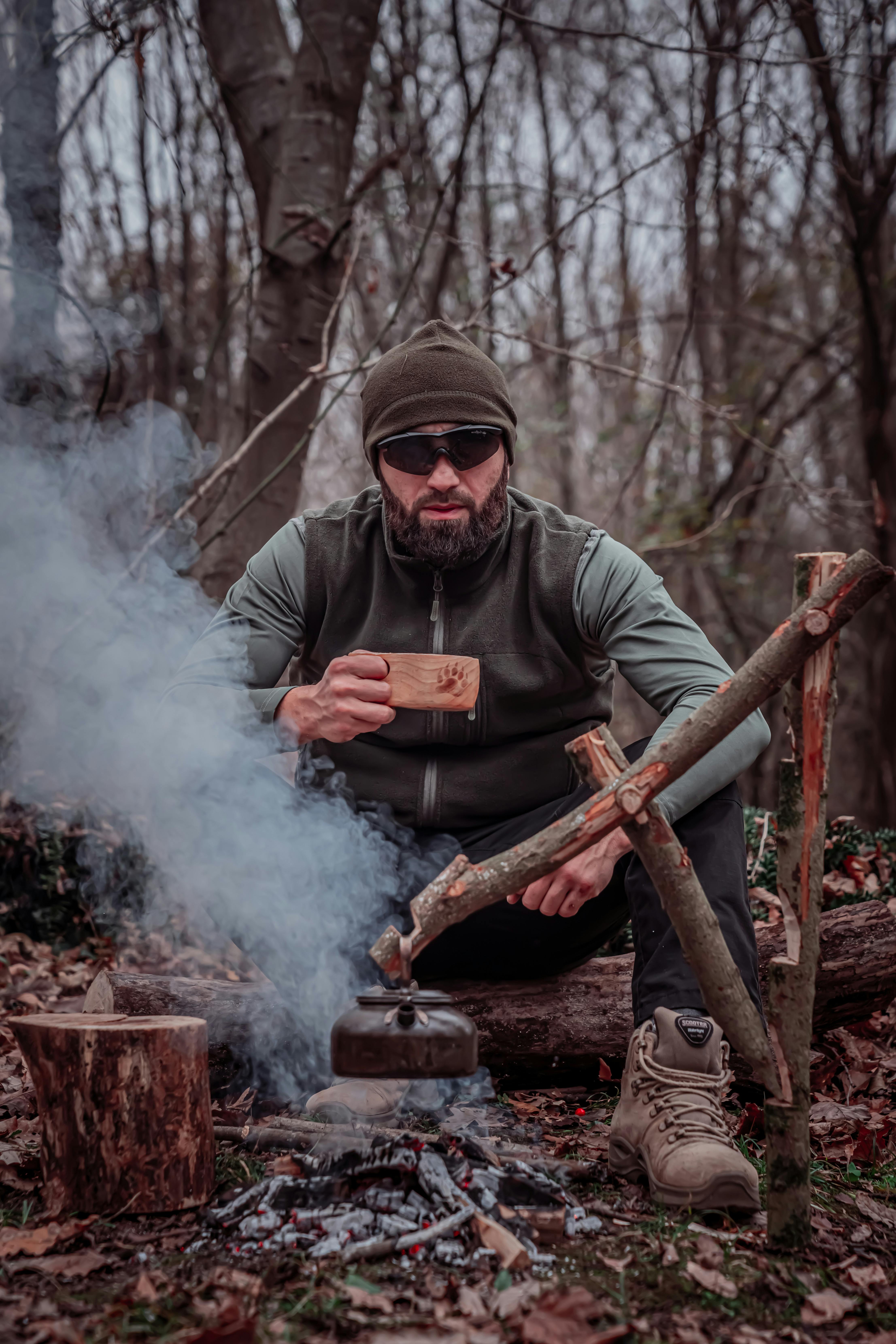 Bushcraft Camping by Forest Campfire