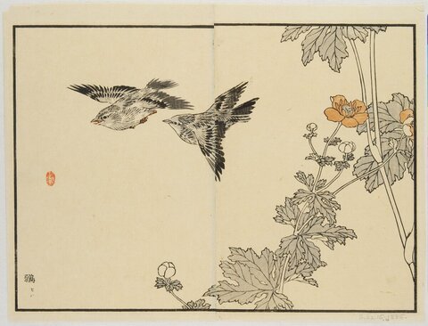 Two Flying Birds and Flower Woodblock Print
