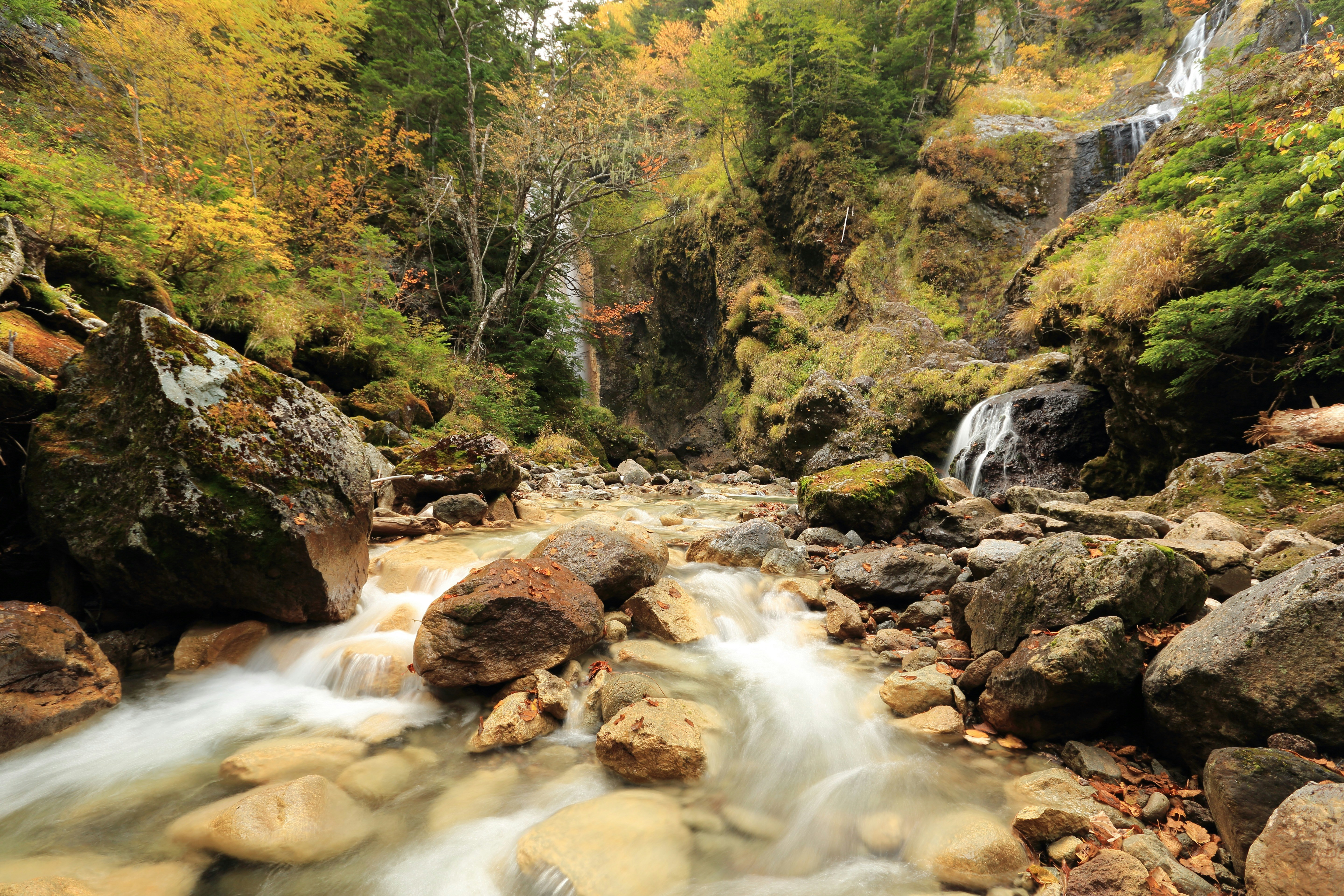 Autumn Mountain Stream with Waterfalls