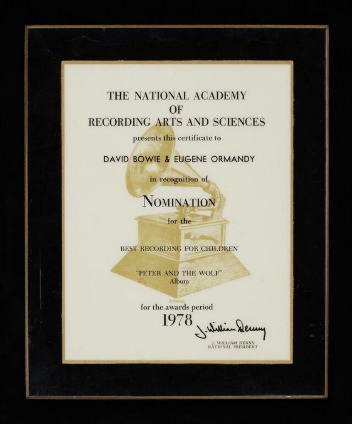 1978 David Bowie Grammy Nomination Certificate