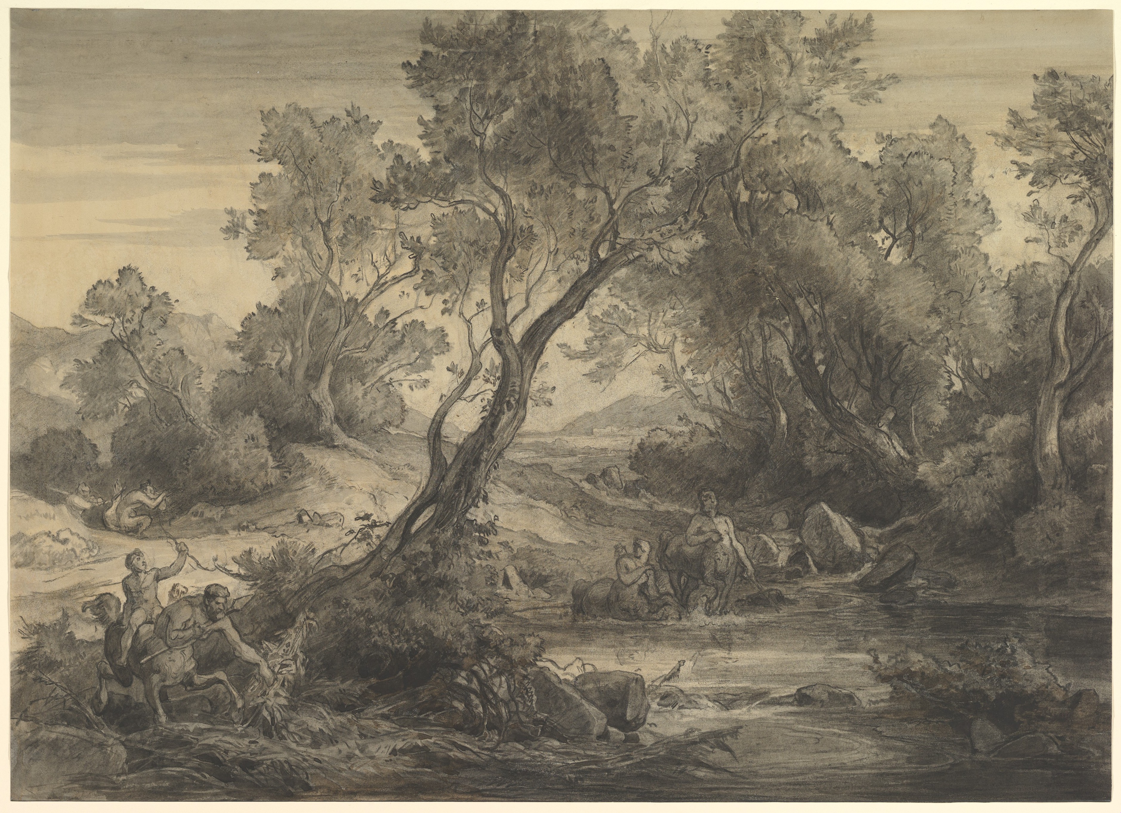 Centaurs in River Landscape Drawing