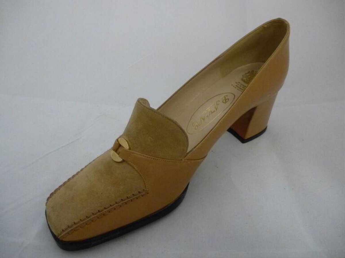 Tan Square Toe Block Heel Pump