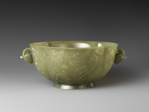 Green Jade Carved Floral Two-handled Bowl