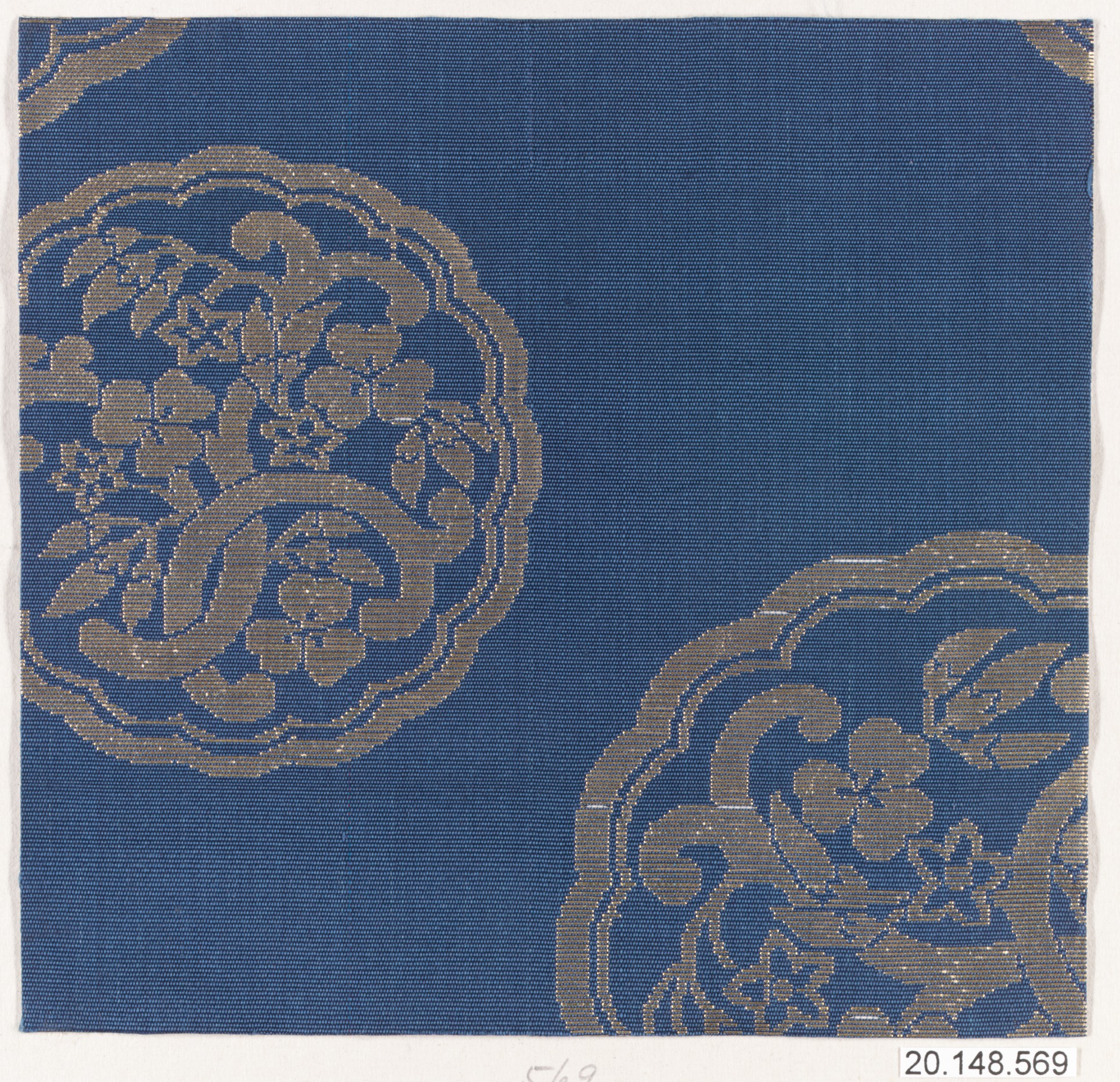 Blue Gold Floral Woven Textile Fragment
