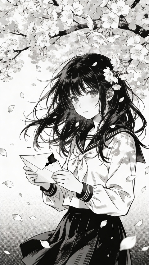 Anime Schoolgirl Under Cherry Blossoms